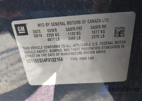 2015 Chevrolet Impala 2Lz z USA, uszkodzony, nr VIN 2G1165S34F9122164